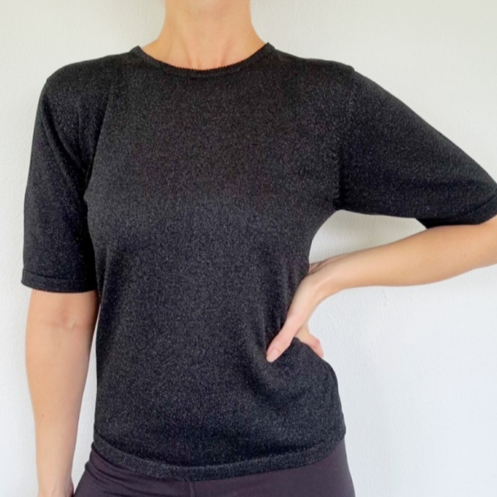 Vintage August Silk Petites black metallic silver short sleeve sweater top small